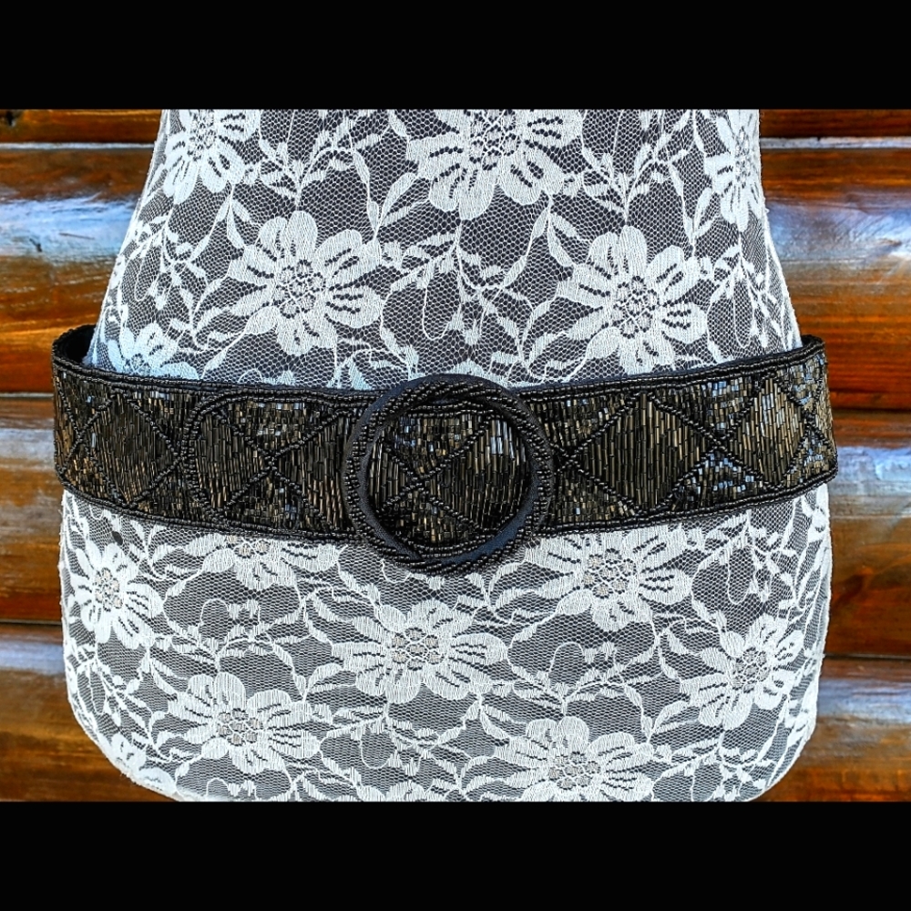 Vintage Black Glass Beaded Belt Size M